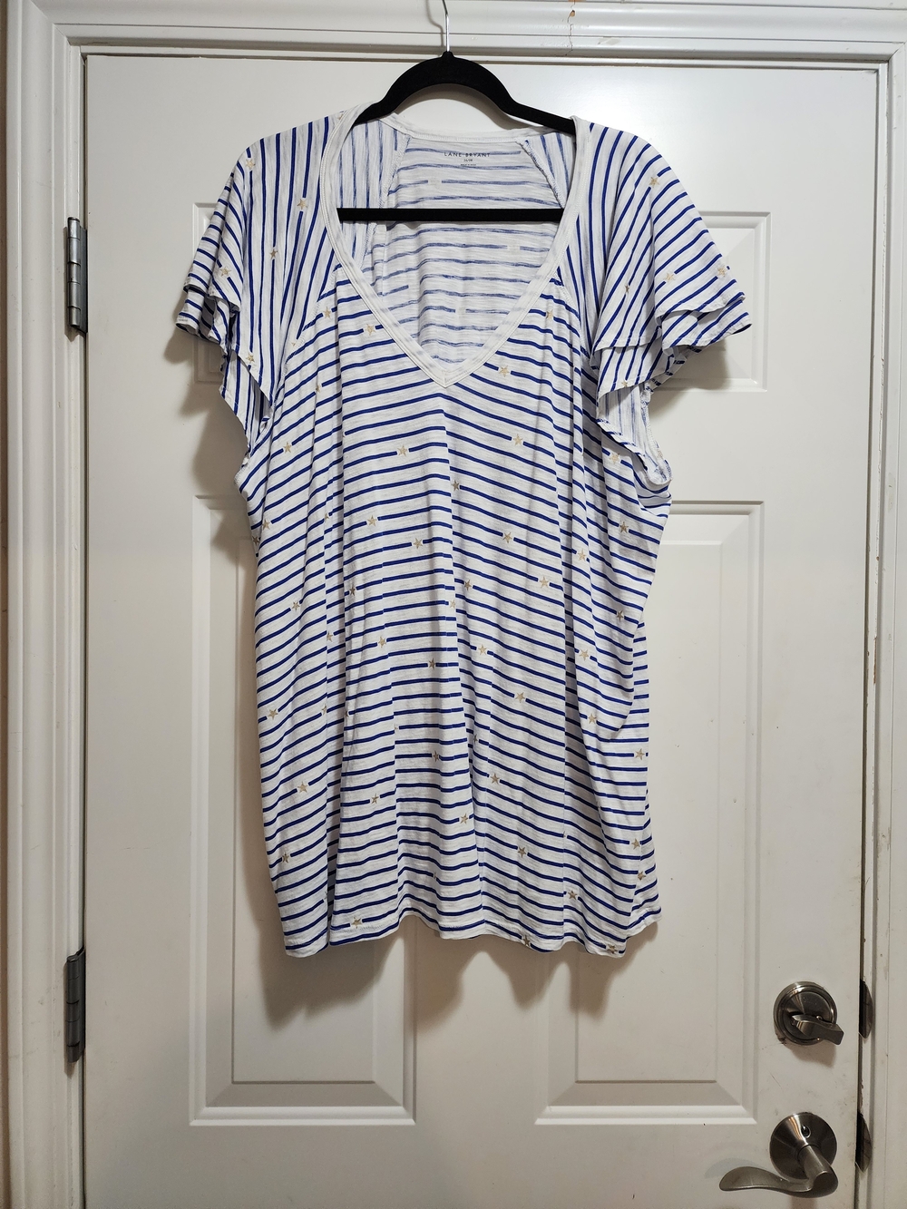Lane Bryant Striped Gold Star Ruffle Sleeve V-Neck Tee Plus Size 26/28